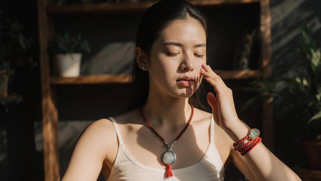 Человек касается серебряного кулона, красной нити и агата в тихой обстановке.