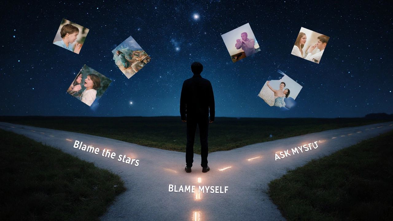 Человек стоит на перекрестке под звёздным небом с тремя светящимися путями, символизирующими выбор ответственности.