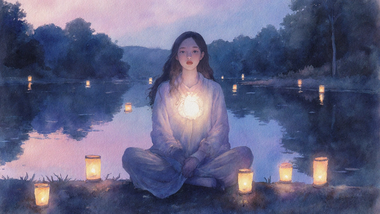 Человек у озера на закате, испытывающий внутреннее спокойствие и вдохновение.