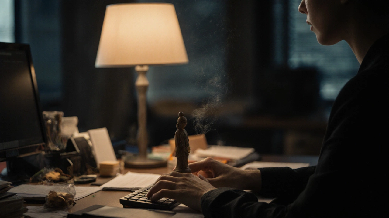Человек в офисе прикасается к деревянному амулету, создавая ощущение спокойствия среди стресса.