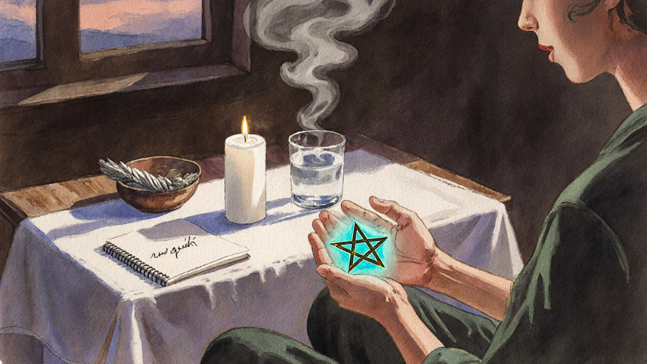 Человек в позе лотоса заряжает пентакль в комнате с свечой и дымом шалфея.