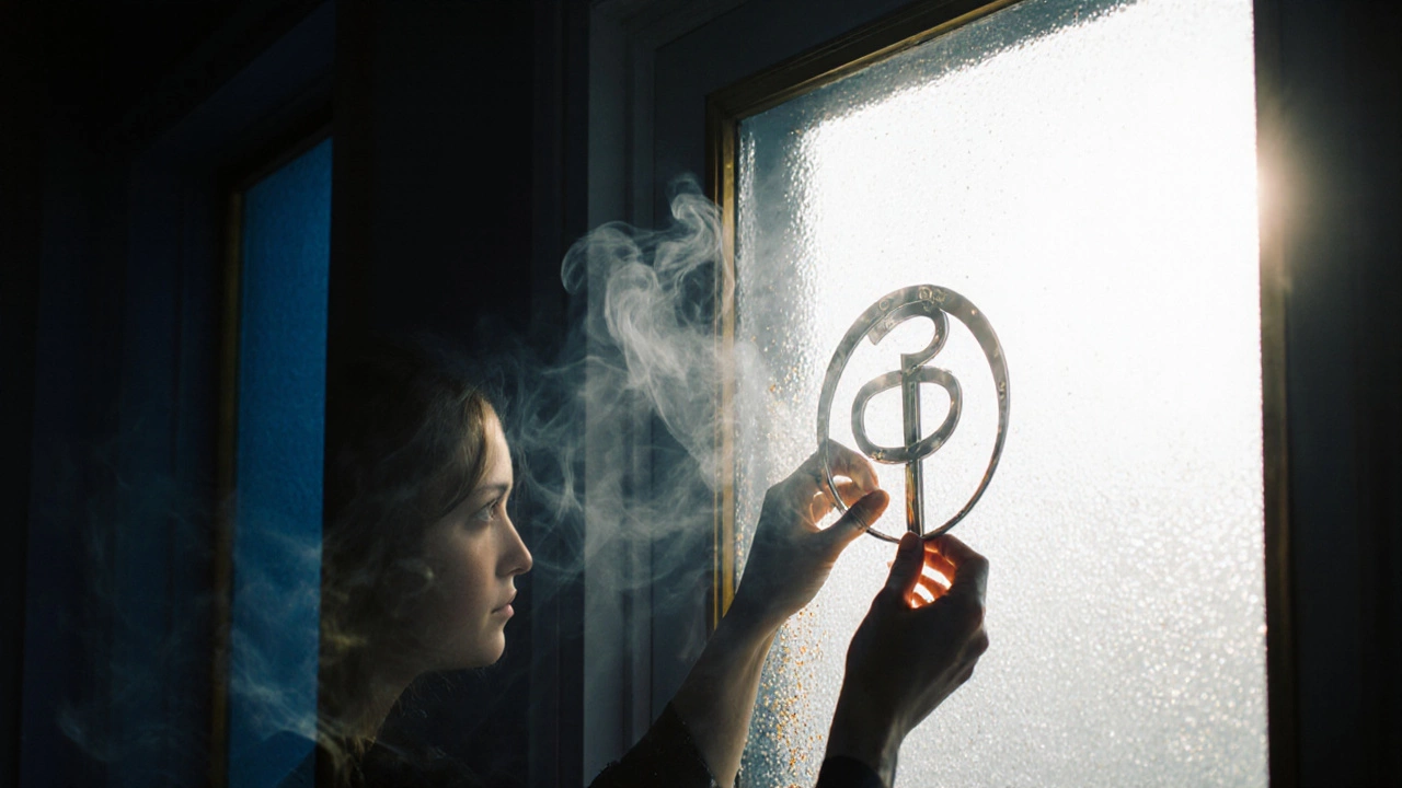 Человек вешает рунический знак над дверью при лунном свете, дым от благовоний.
