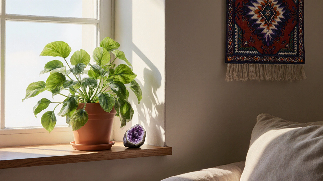 Хлорофитум на подоконнике, аметист на полке и вышитый рушник на стене.