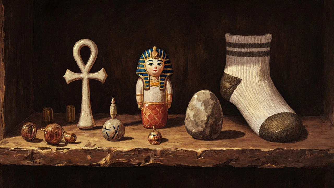 Коллекция культурных талисманов — анх, мотанка, камень бэйцзи и носок — на деревянной полке.