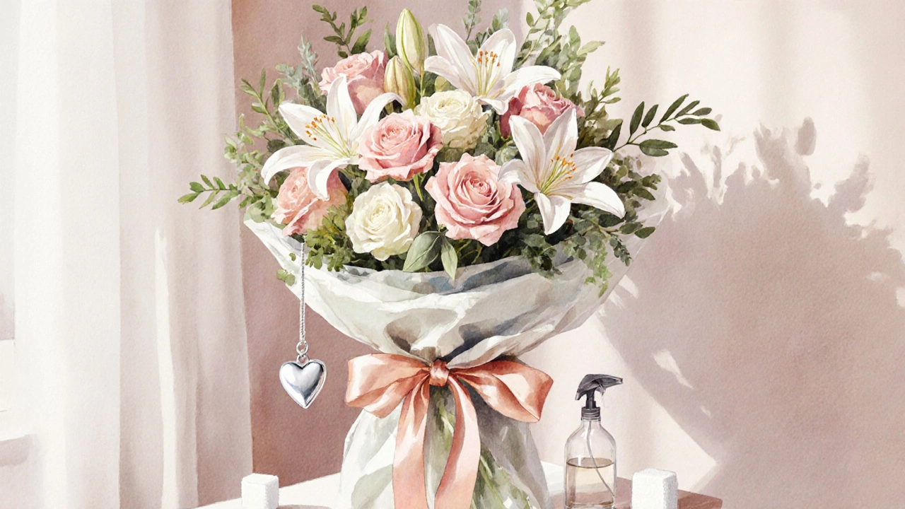 Подарочный букет из роз, лилий и орхидей в обёртке с ленточкой и сердечником.