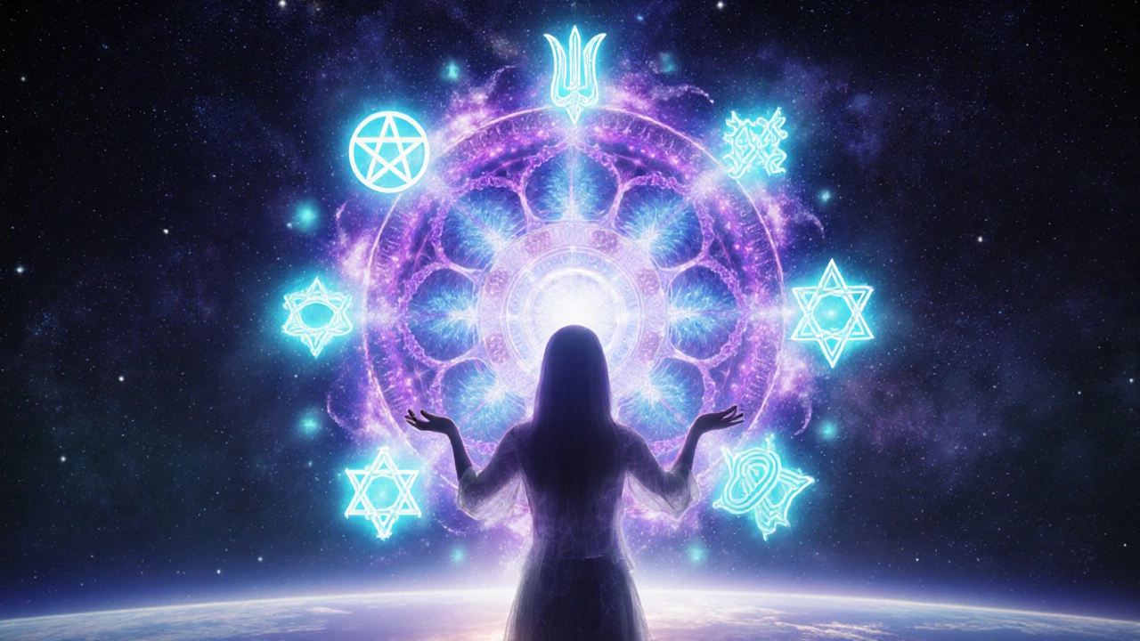 Полупрозрачный человек окружён светящимися символами у космического мандалы.