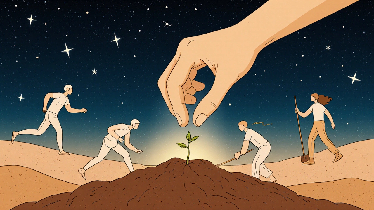 Рука сажает семя под звёздным небом, вокруг — пути разных знаков зодиака.