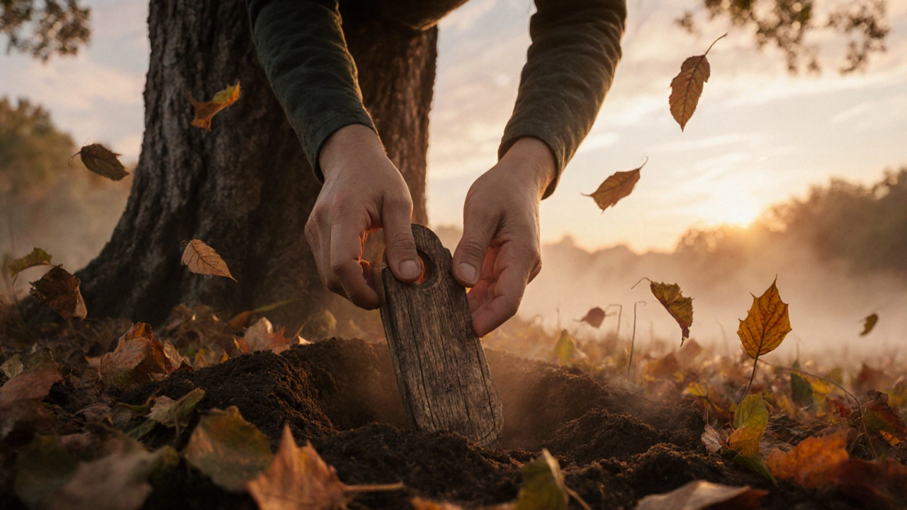 Рука закапывает оберег под дерево, листья кружатся вокруг.