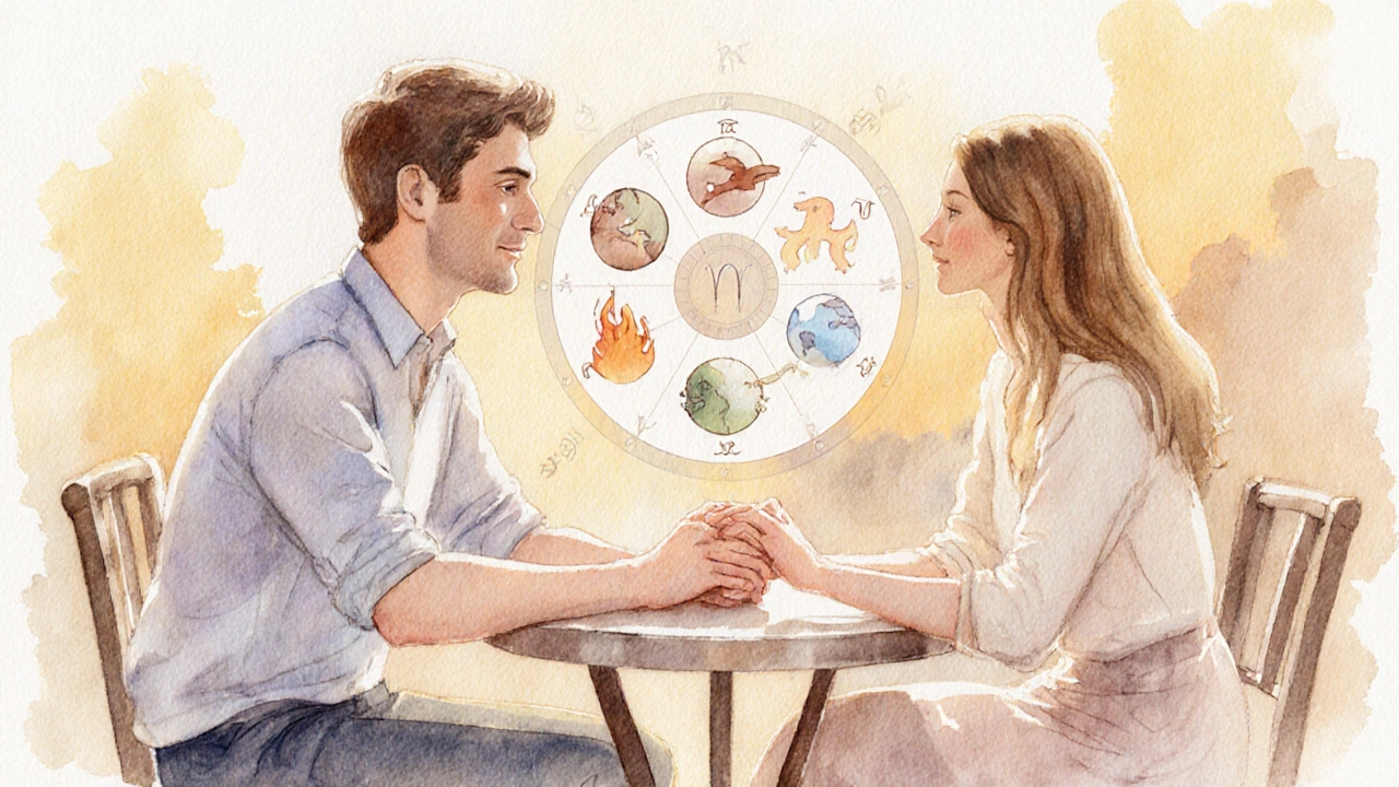 Счастливая пара в кафе обсуждает чувства, окружённая мягким зодиакальным фоном.