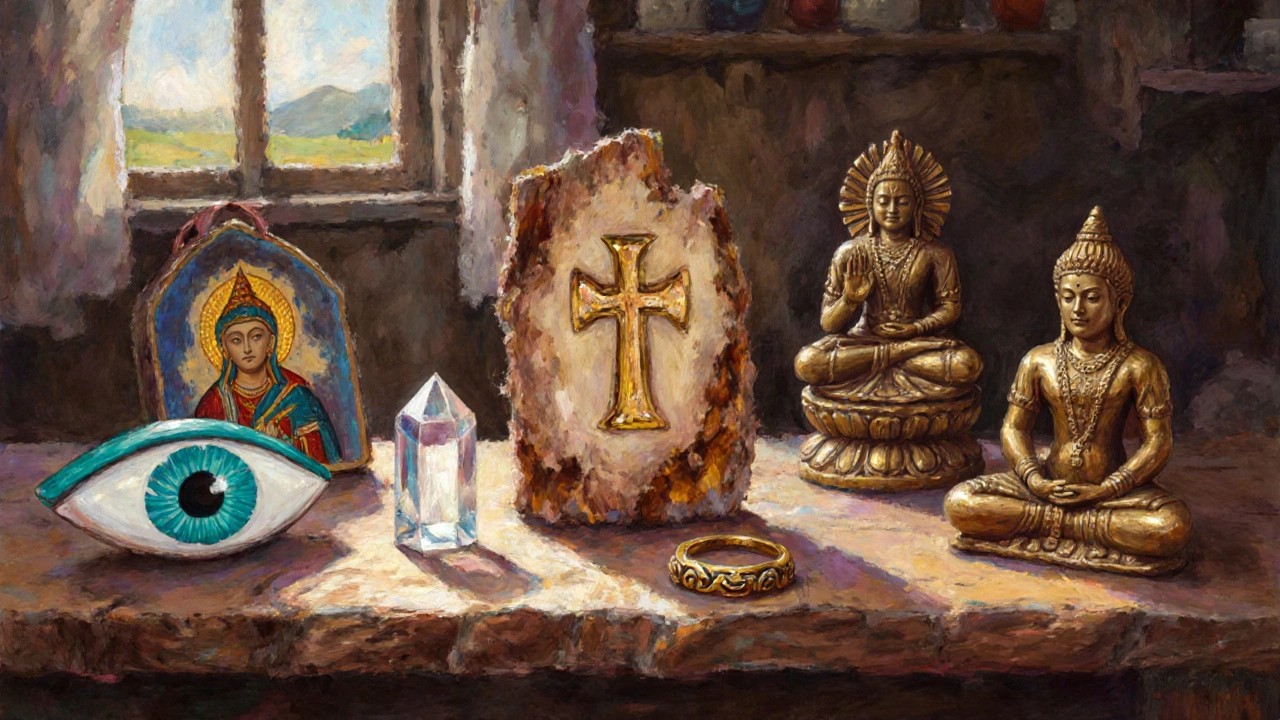 Стол с набором традиционных оберегов: глаз, крест, руна, кристалл, солнце‑луна, Тримурти.