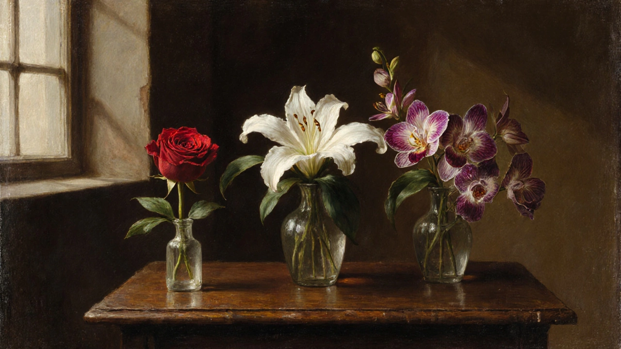 Три вазы с розой, лилией и орхидеей на старинном столе в стиле масляной живописи.