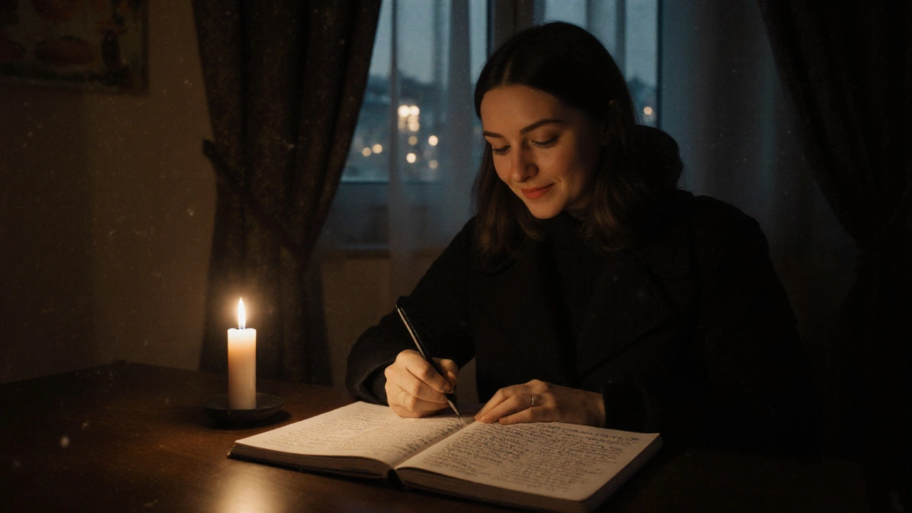 Женщина пишет в дневнике в уютной комнате, рядом — гороскоп и свеча, зимний вечер в Санкт-Петербурге.
