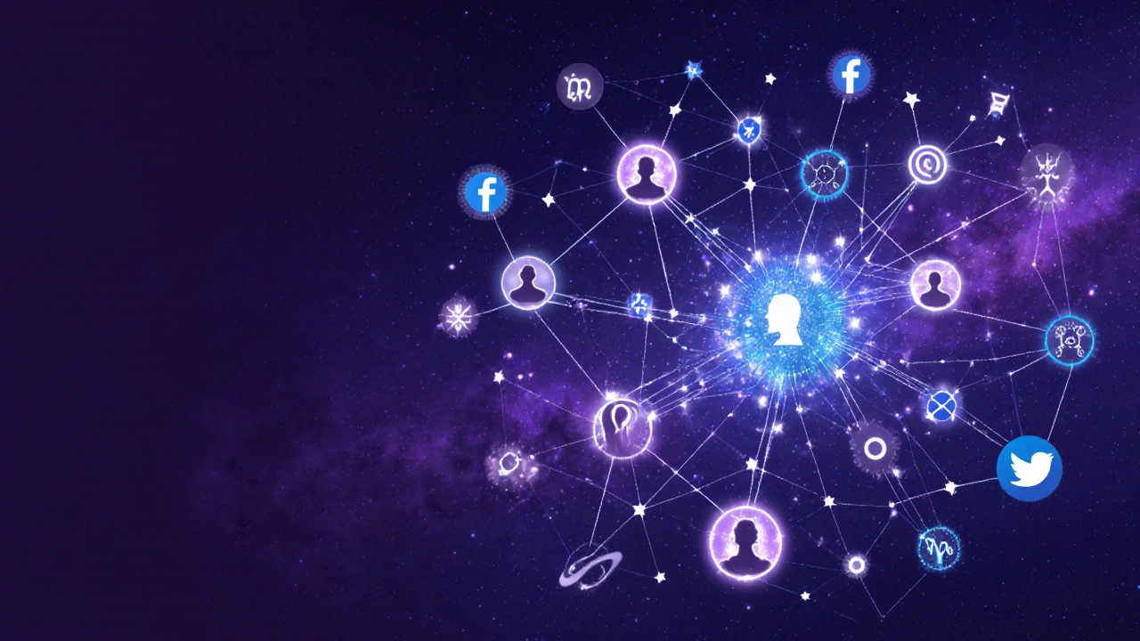 Абстрактная сеть звезд и людей, соединенных цифровыми символами, в космических тонах.