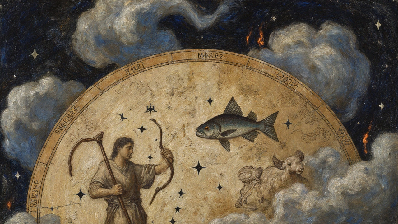Древняя небесная карта с символами Стрельца, Рыб и Овна, плавающими среди звёзд и огней солнцестояния.