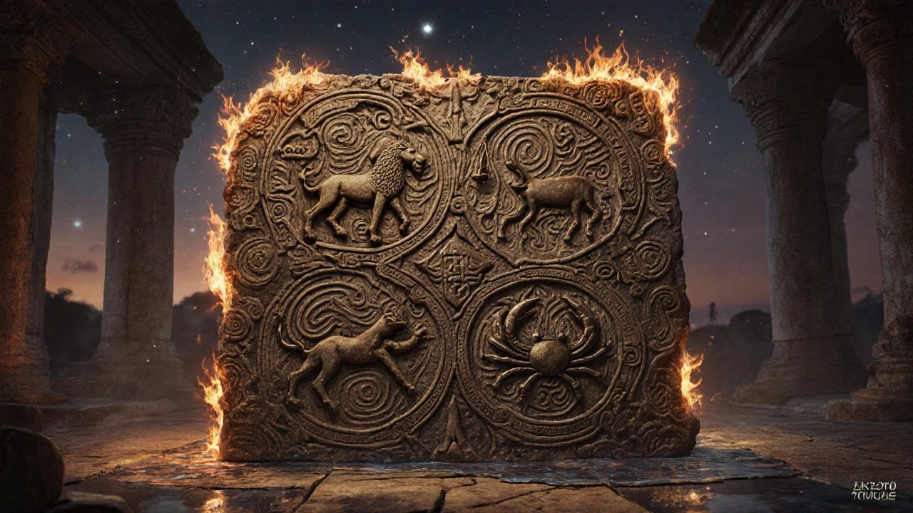 Древний каменный камень с изображениями зодиакальных символов и элементов, освещённый звёздным светом.