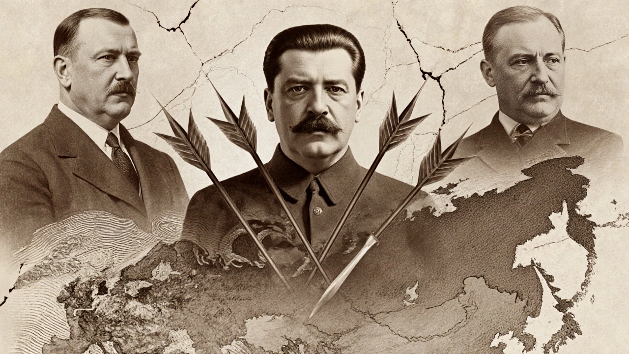 Коллаж лидеров XX века с астрологическими символами, размытыми в сепии, как древняя карта судьбы.