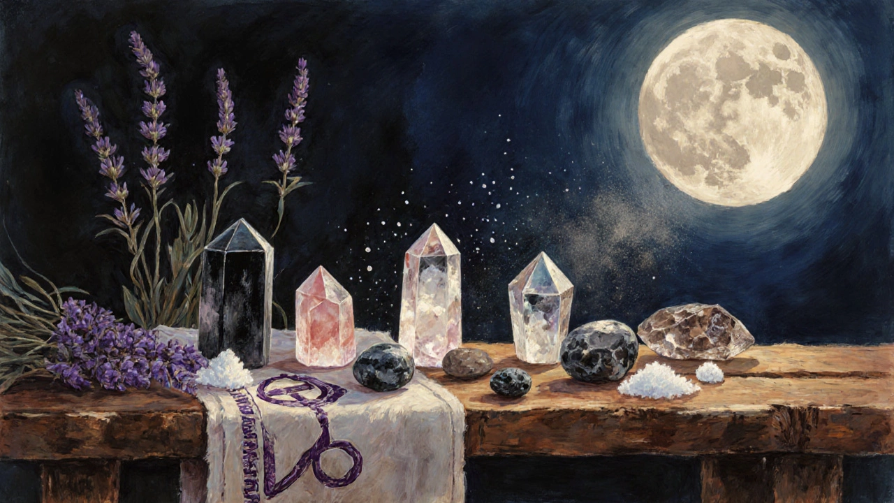 Натуральные камни на деревянном столе под полной луной с лавандой и солью.