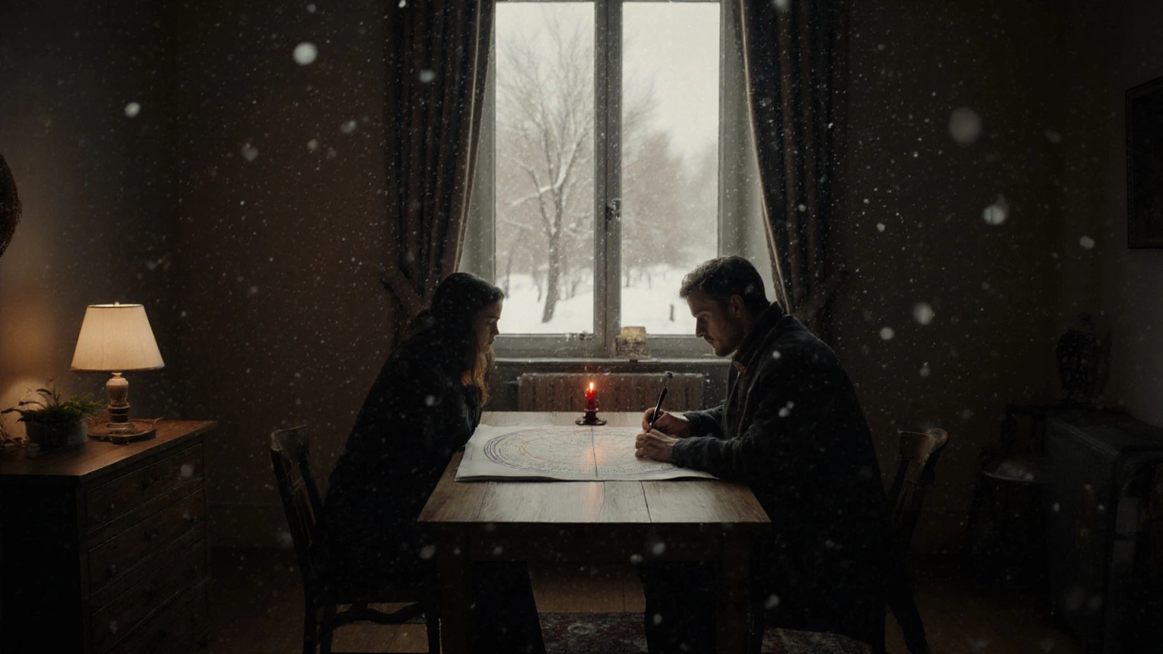 Пара разбирает натальную карту за деревянным столом в зимнем интерьере.