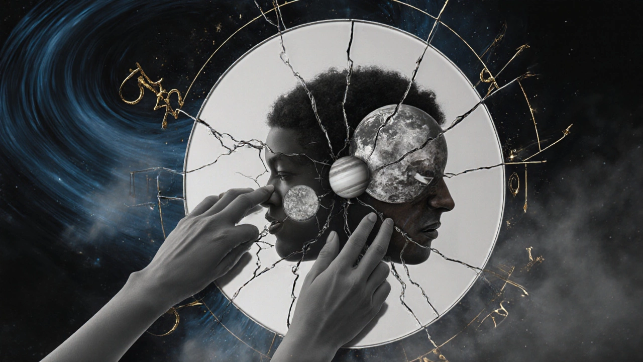 Разбитое зеркало отражает астрологические карты, руки тянутся сквозь трещины.