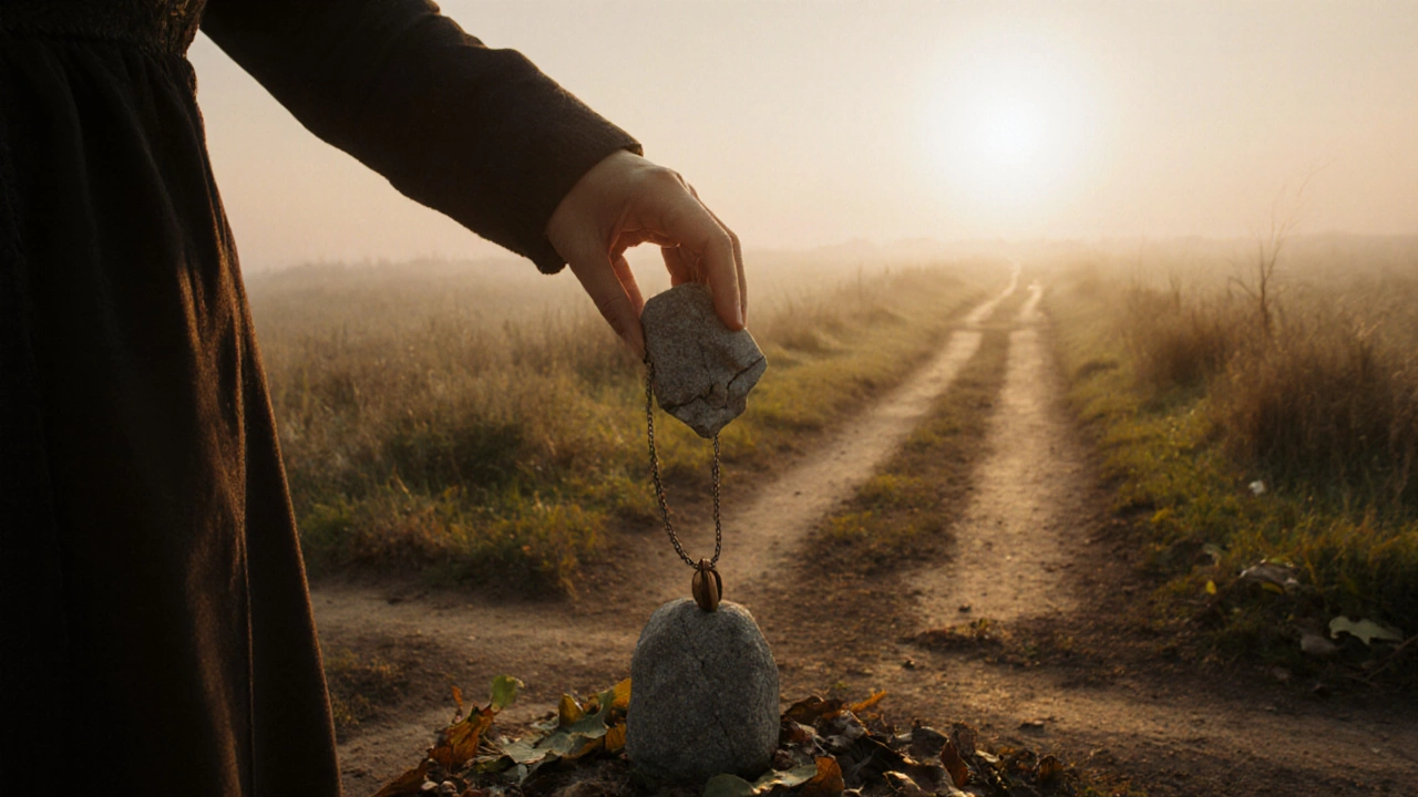 Разбитый оберег лежит на перекрестке на рассвете, в кармане — новый деревянный амулет.