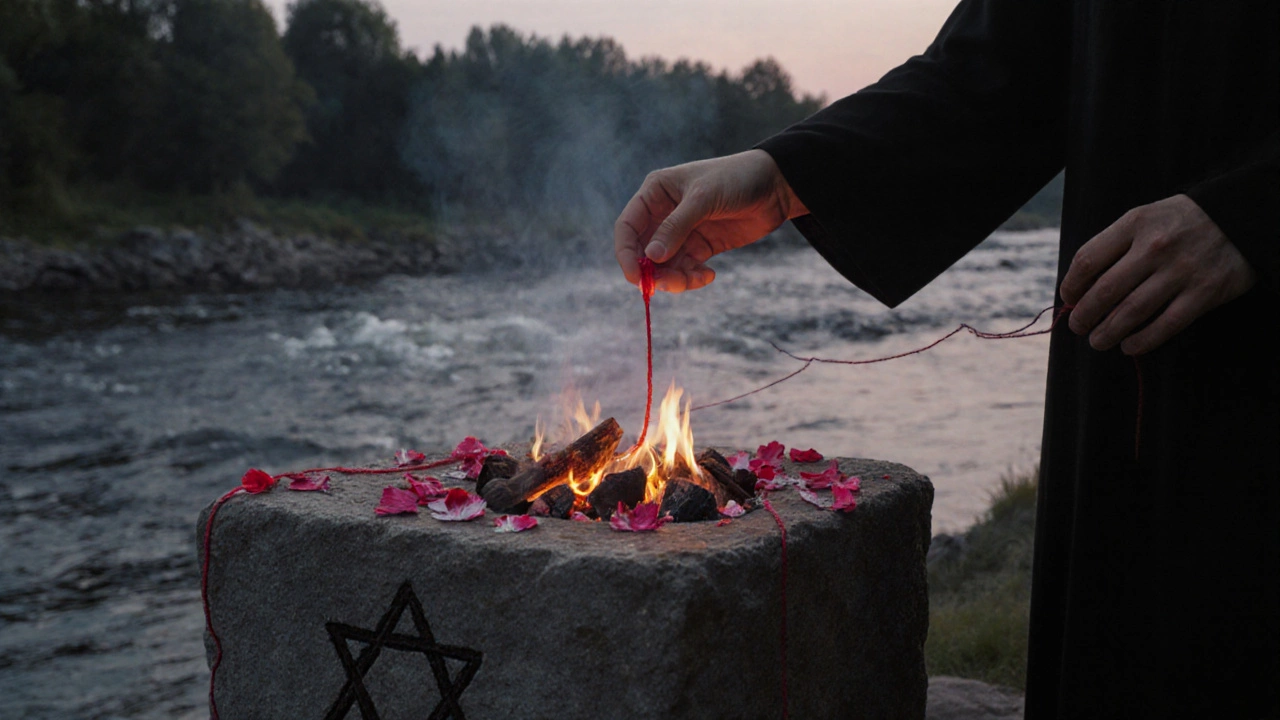 Рука кладёт красную нить на каменный алтарь у реки, рядом — пепел и лепестки, на закате.