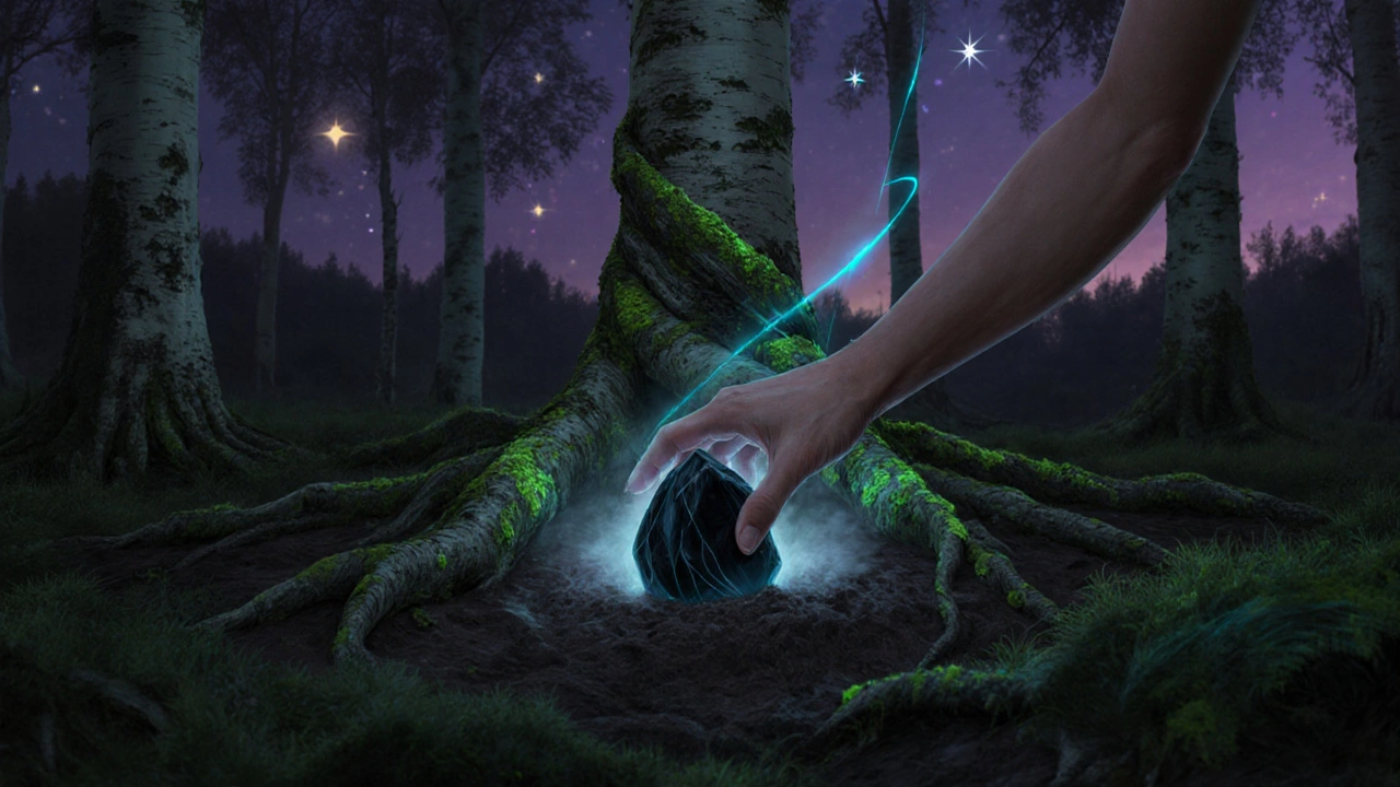 Рука закапывает обсидиан в землю у корней берёзы при сумерках.