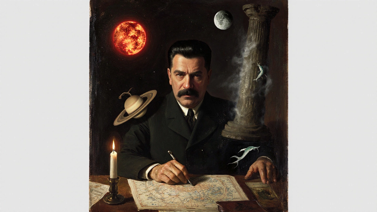 Сталин в кабинете, вокруг него плавают астрологические символы Марса, Сатурна и Луны.