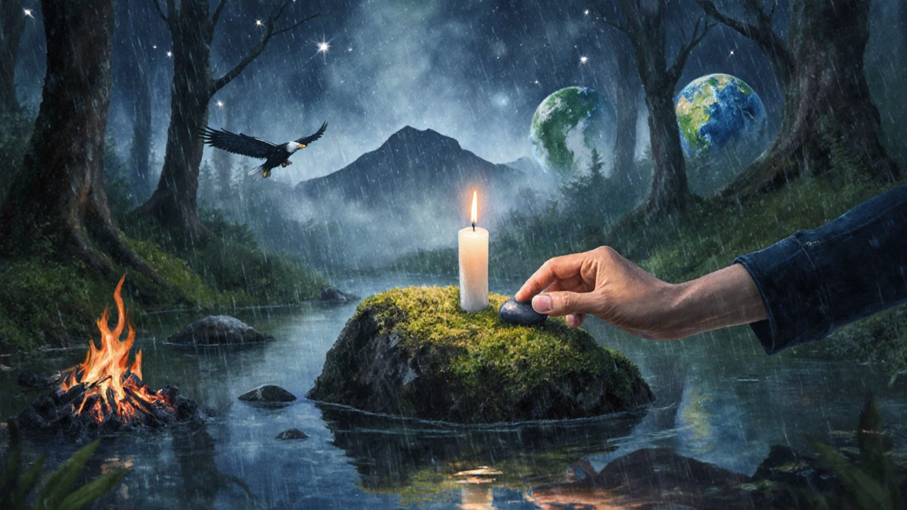 Свеча горит у воды в лесу ночью, вокруг — туман и отражение звёзд, символизируя устойчивость.