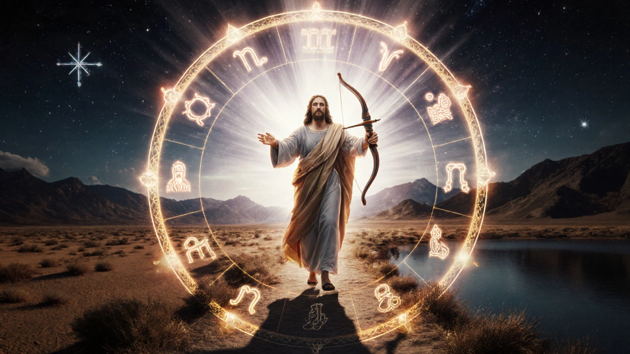 Вращающееся зодиакальное колесо, где Стрелец излучает свет, превращающийся в образ Иисуса на пути.