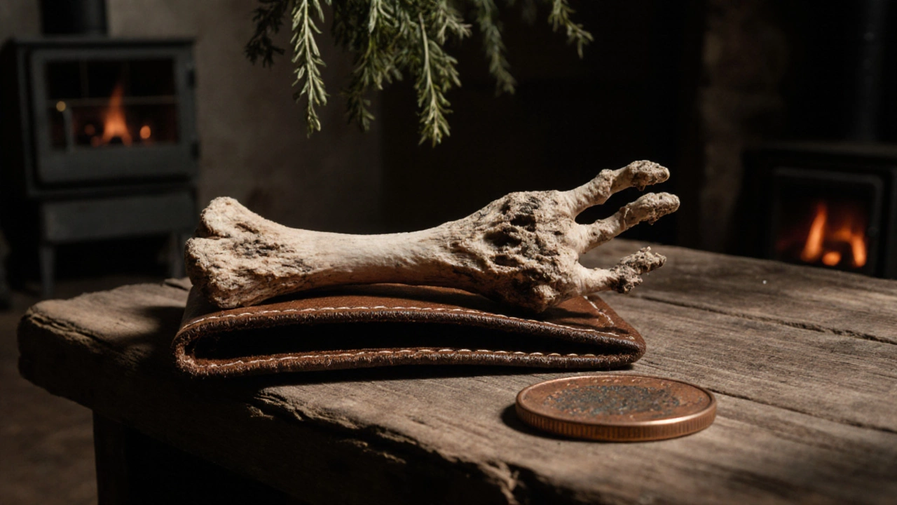 Высушенная куриная лапка в кожаном кошельке рядом с медной копейкой.