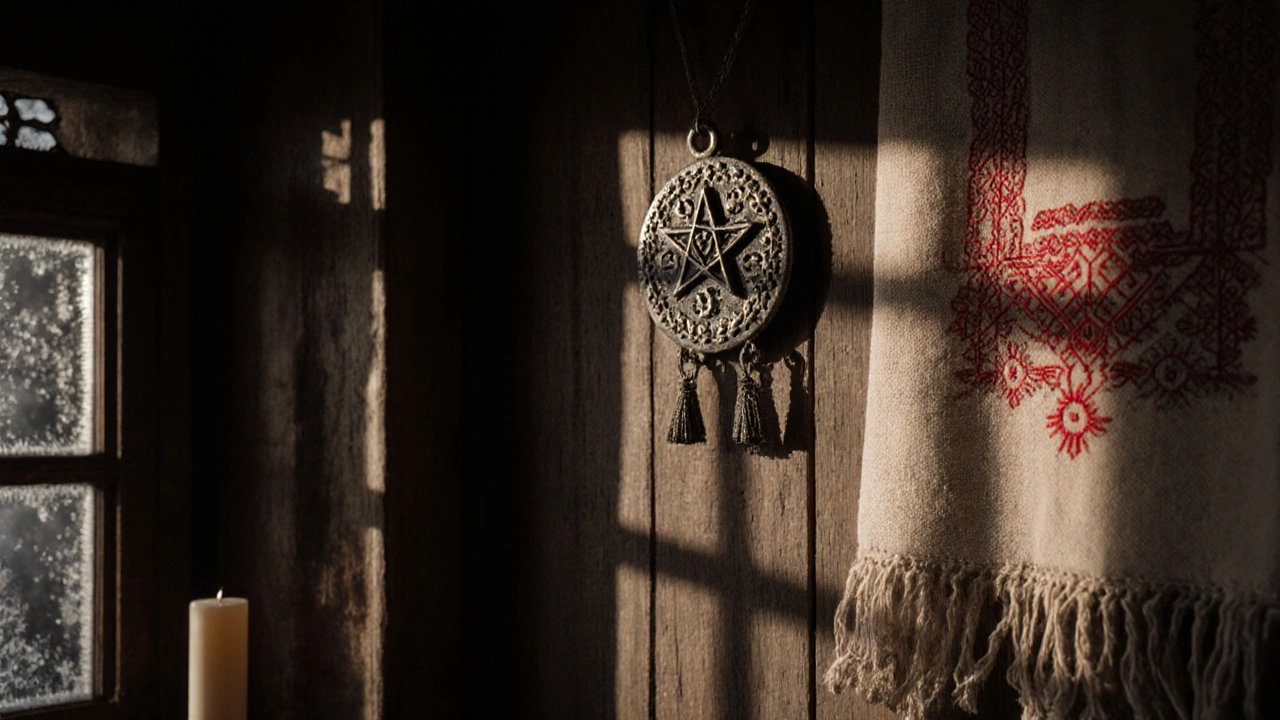 Железный оберег со звездой Перуна над дверью старинной избы, свечной свет и вышитая салфетка на стене.