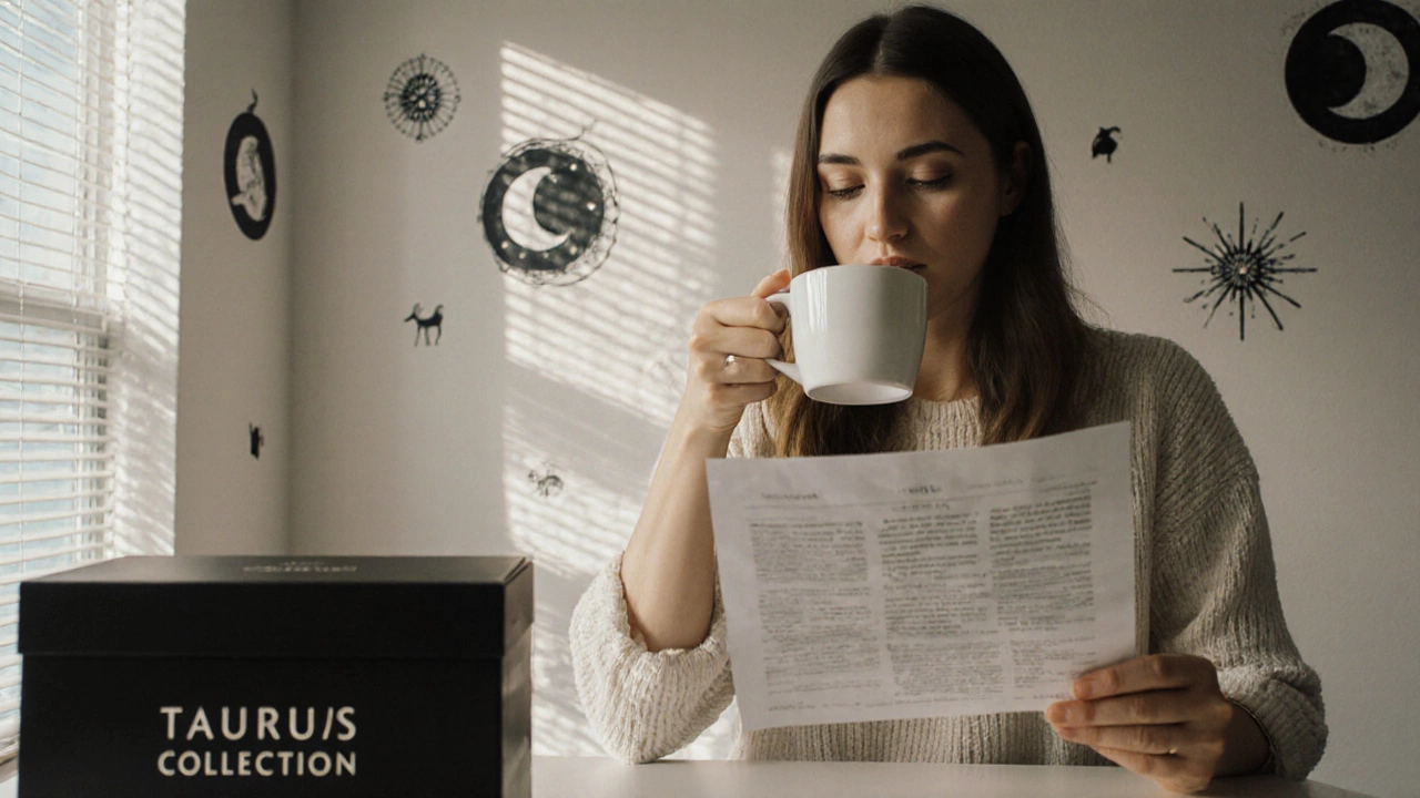 Женщина пьет кофе и читает гороскоп у кухонного стола с косметикой по знакам зодиака.