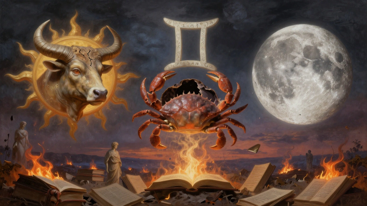 Абстрактное изображение планет в знаках Тельца, Рака и Близнецов над разрушенным миром.