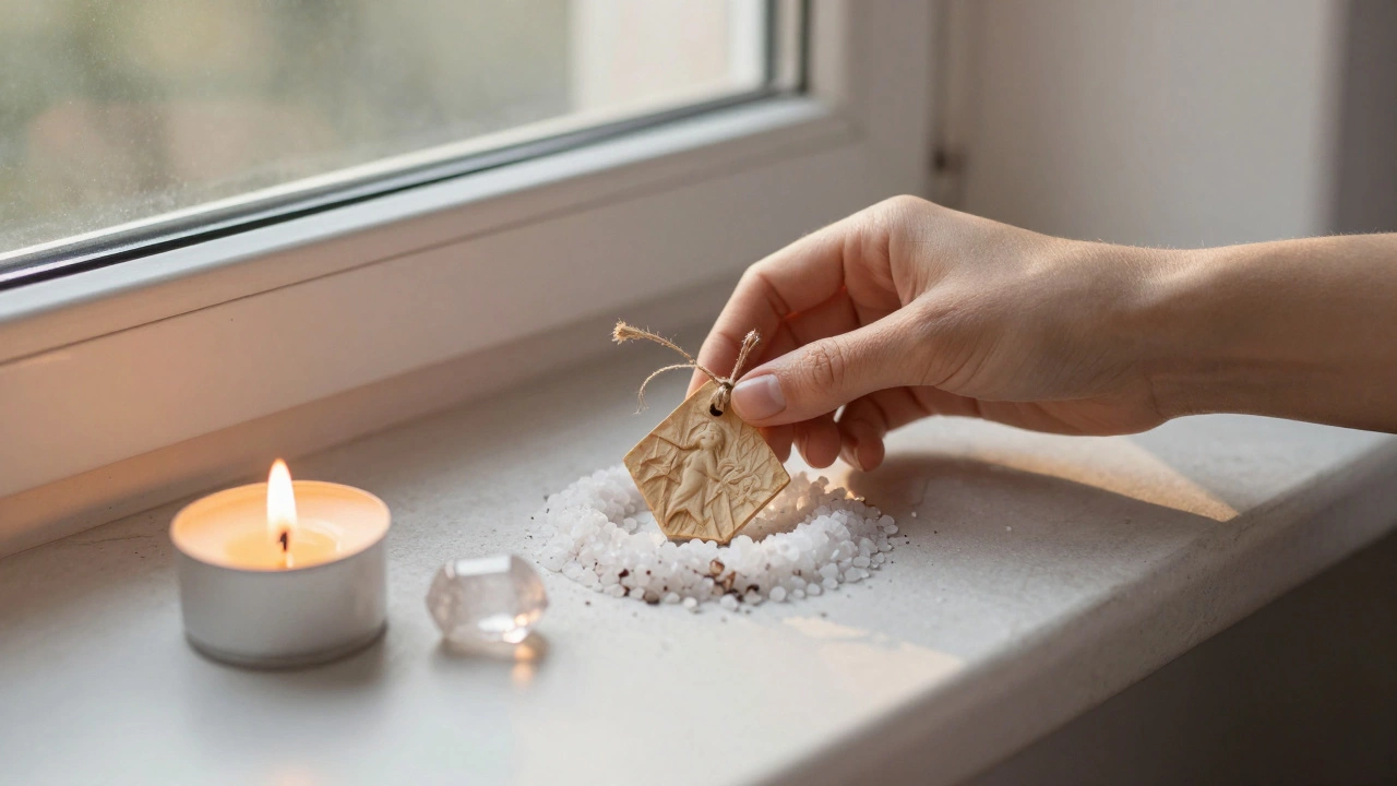 Амулет на подоконнике утром с солью и свечой