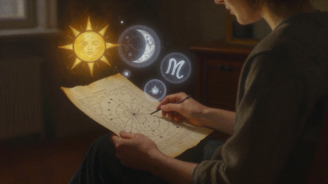 Человек разглядывает натальную карту, вокруг него парят символы Солнца, Луны и Меркурия.