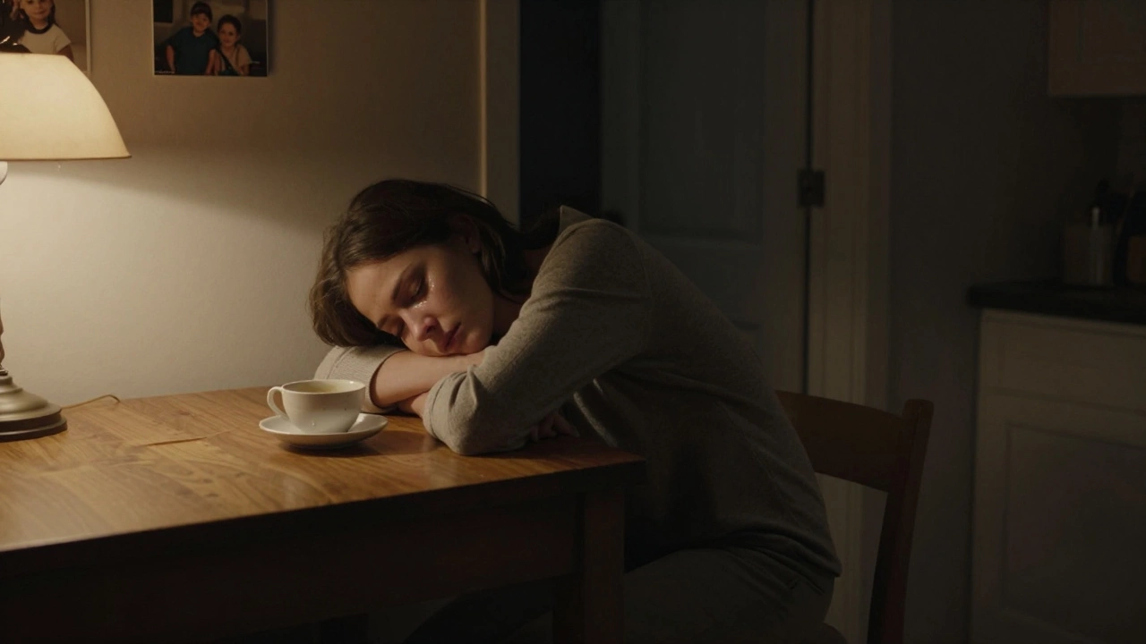 Человек сидит на кухне ночью, слёзы на столе, рядом чашка и семейные фотографии.