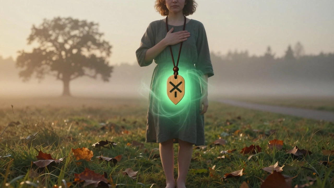 Человек в траве с деревянным оберегом, утренний свет, амулет светится, символ защиты.