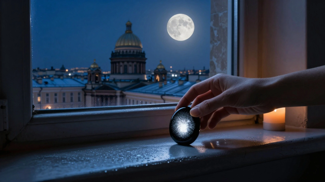 Чёрный обсидиан на подоконнике под полной луной, свеча и силуэты Петербурга на фоне.