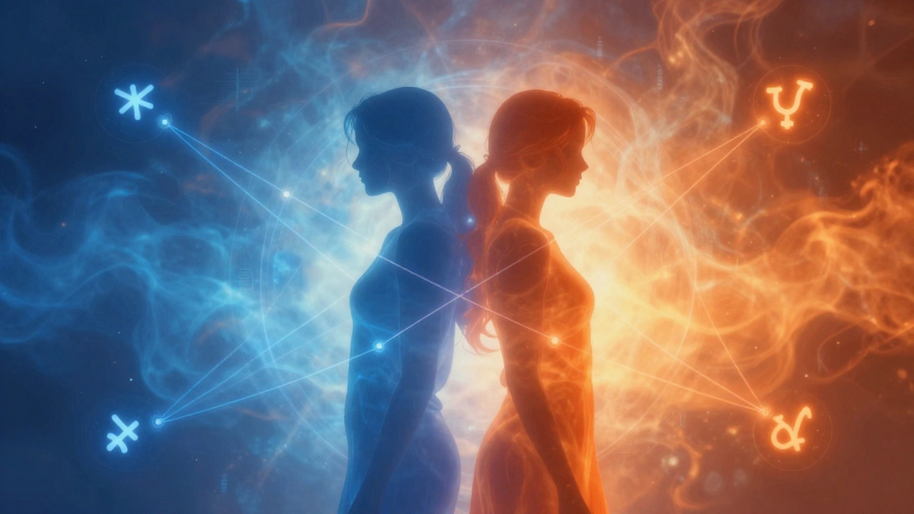 Два силуэта соединены небесными линиями, символизирующими взаимодействие в отношениях.