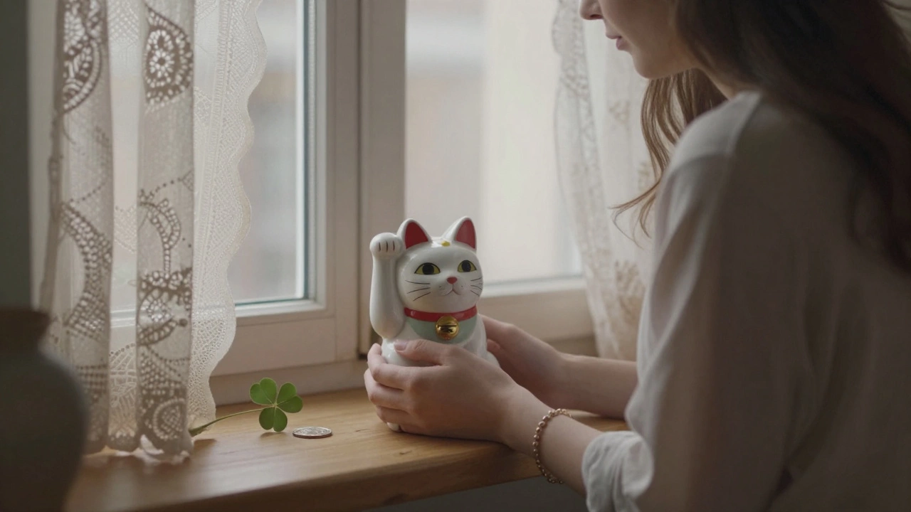 Керамическая кошка Манэки-Неко на подоконнике с серебряной монетой и клевером.