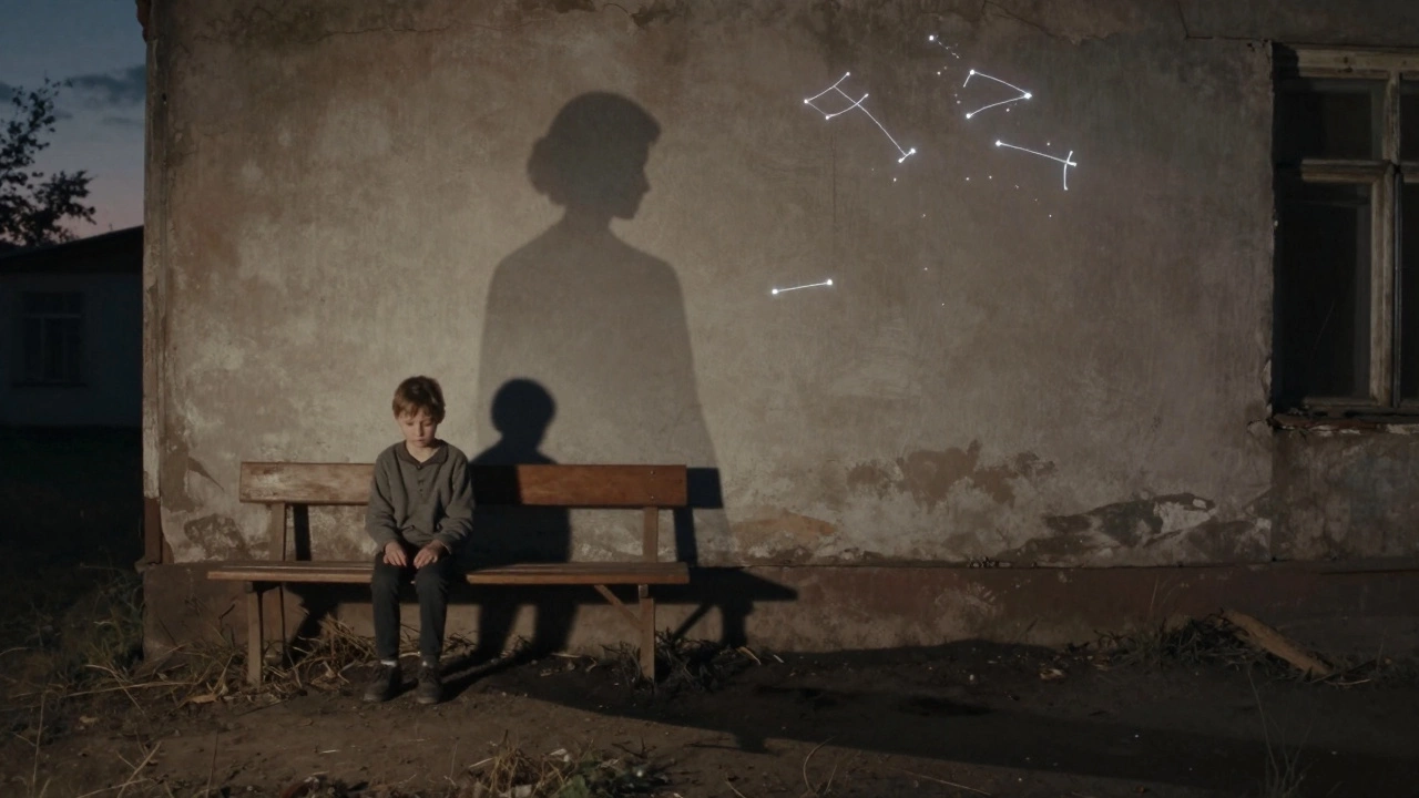 Мальчик сидит на скамье у дома, его тень превращается в тёмную безформенную массу, мать исчезает в стене за ним.