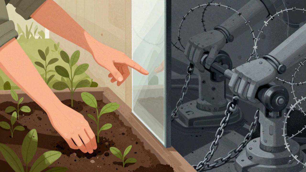 Разделенная сцена: теплая забота о природе против холодного контроля — выбор между жизнью и разрушением.