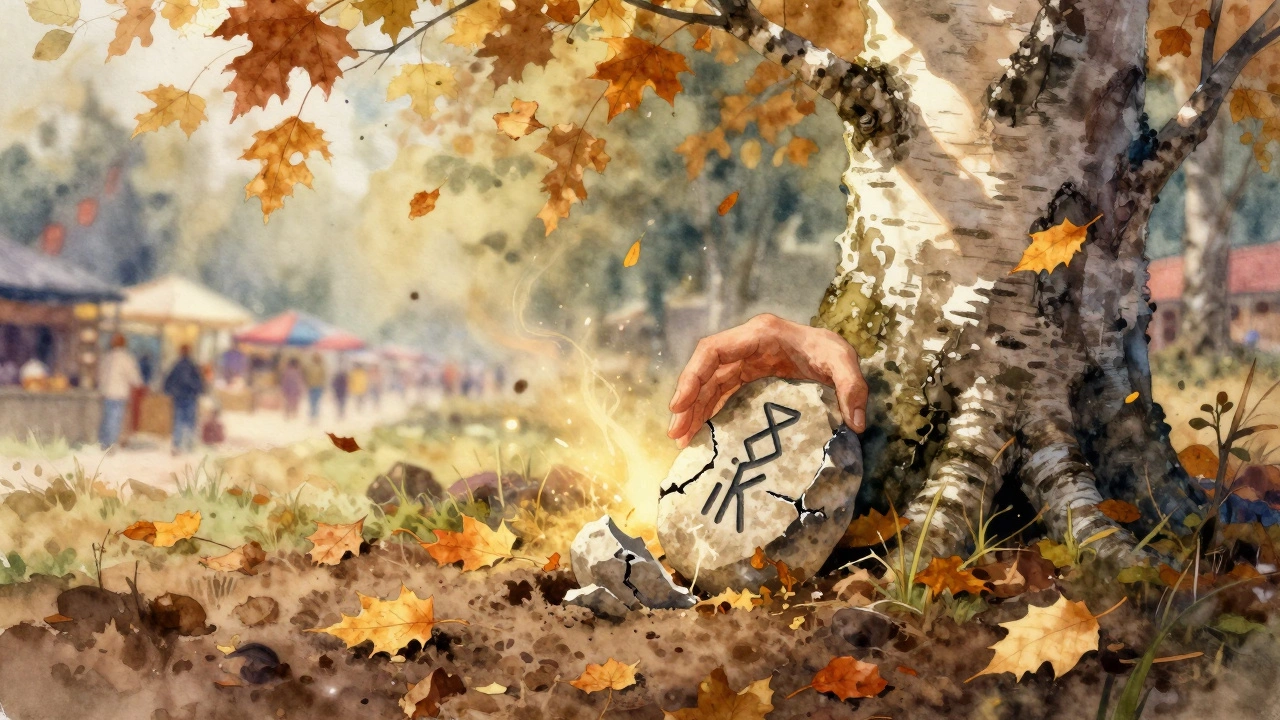 Рука закапывает сломанный талисман под березой, золотистый свет поднимается из земли.