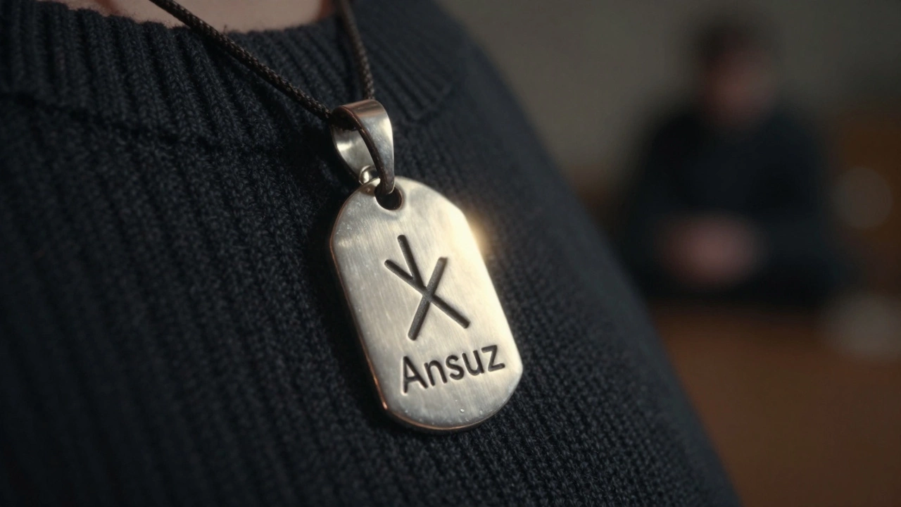 Серебряный кулон с руной Ансуз на темной ткани, мягкий свет.