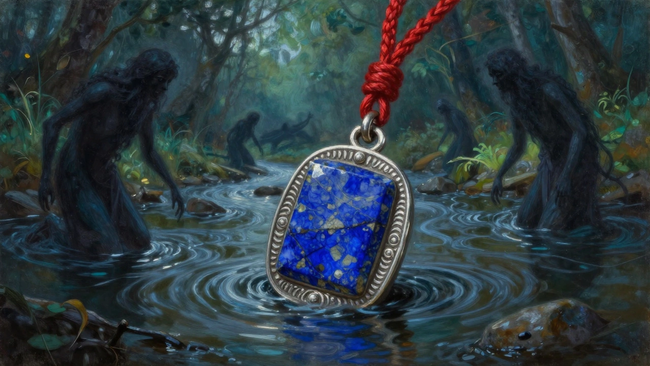 Серебряный оберег частично в воде среди таинственных духов