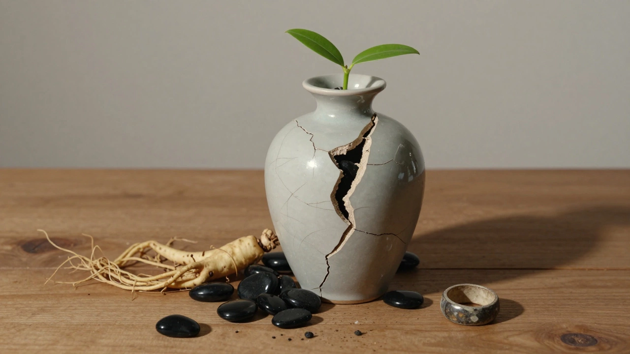 Трещина в вазе, из которой растет зеленый побег, рядом — оникс и женьшень.
