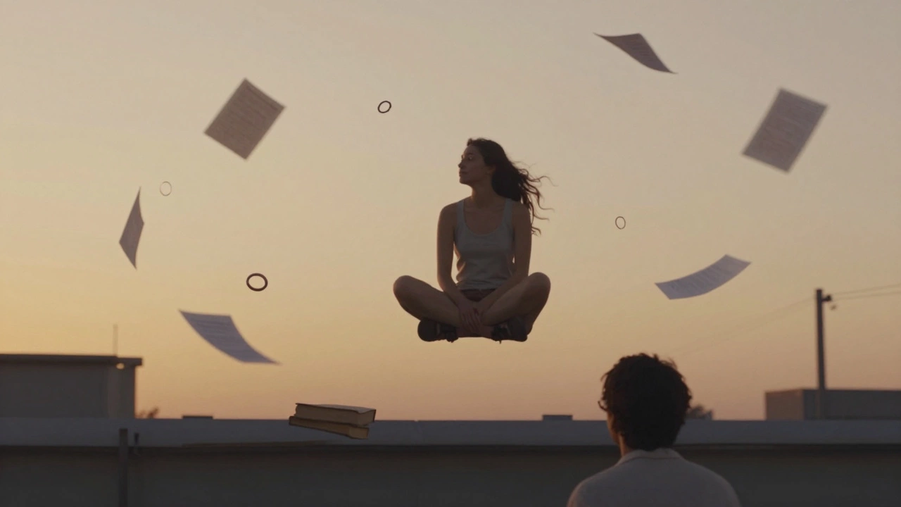 Водолей на крыше, вокруг — летающие кольца и бумаги, закат.