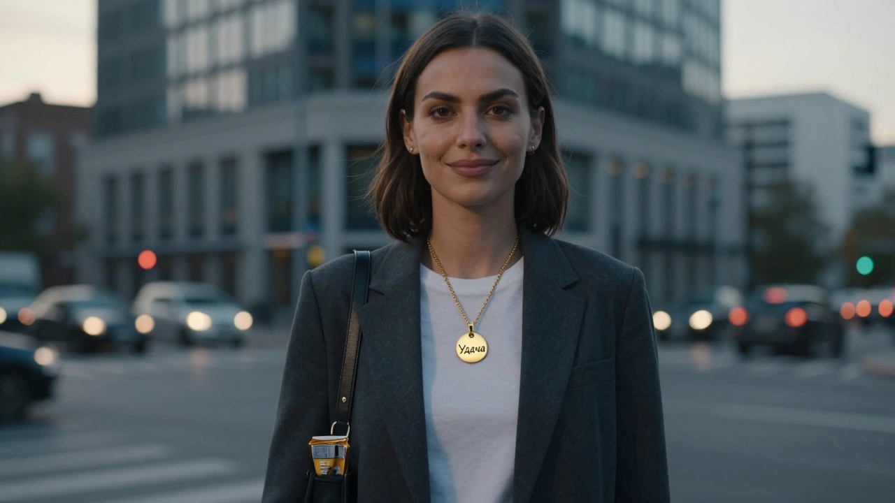 Женщина носит кулон с надписью «Удача» в городской среде.