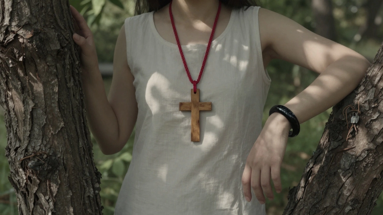 Женщина носит оберег в виде креста и амулет в виде браслета.