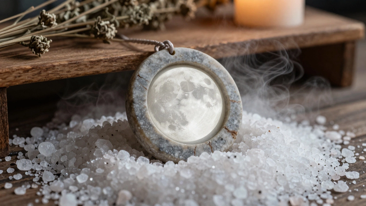 Амулет лежит на соли под полной луной, трещины на поверхности, тонкий туман поднимается от соли.